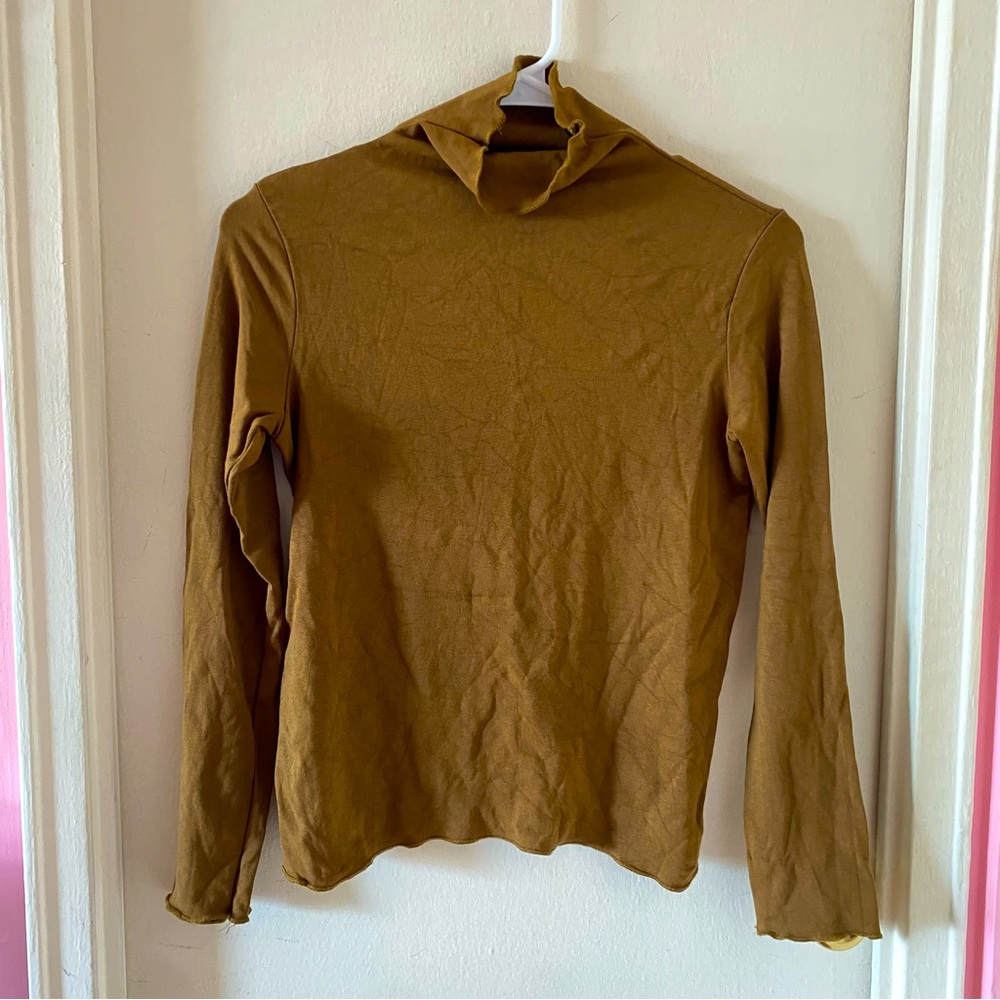 Khaki Green/Brown Long Sleeve Turtleneck Top with Lettuce Hem